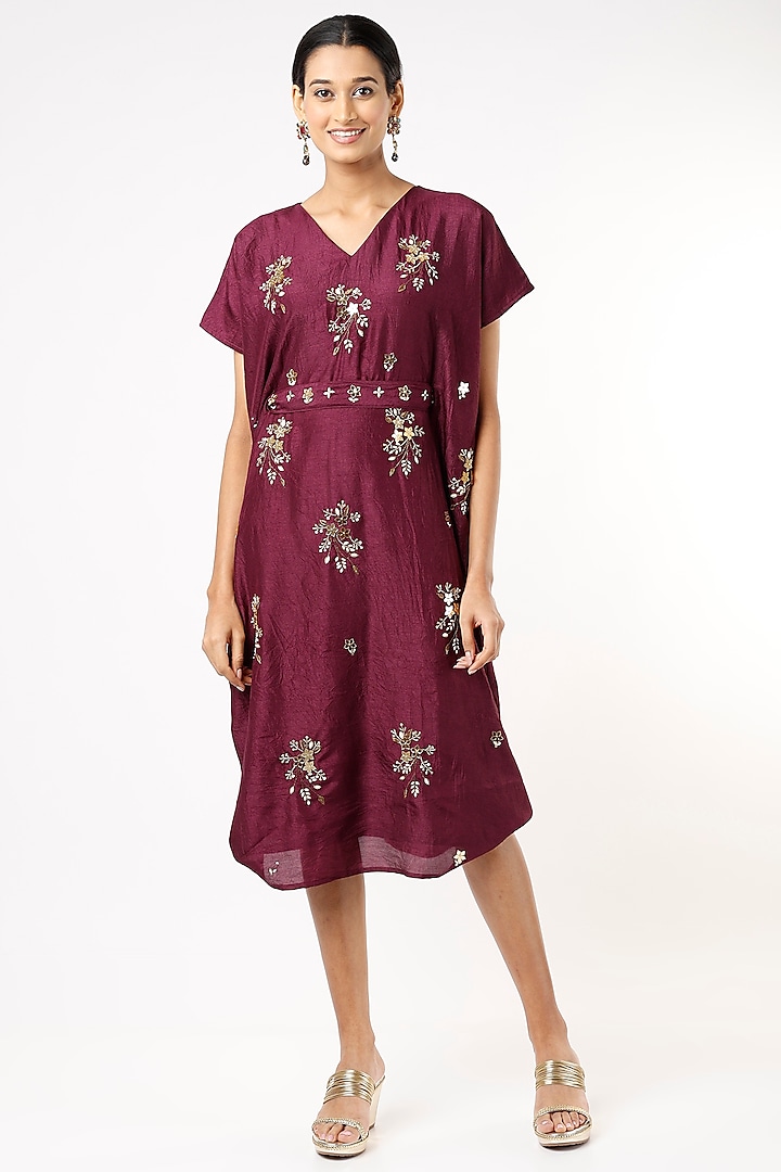 Wine Embroidered Draped Cowl Dress With Belt by Meghna Shah
