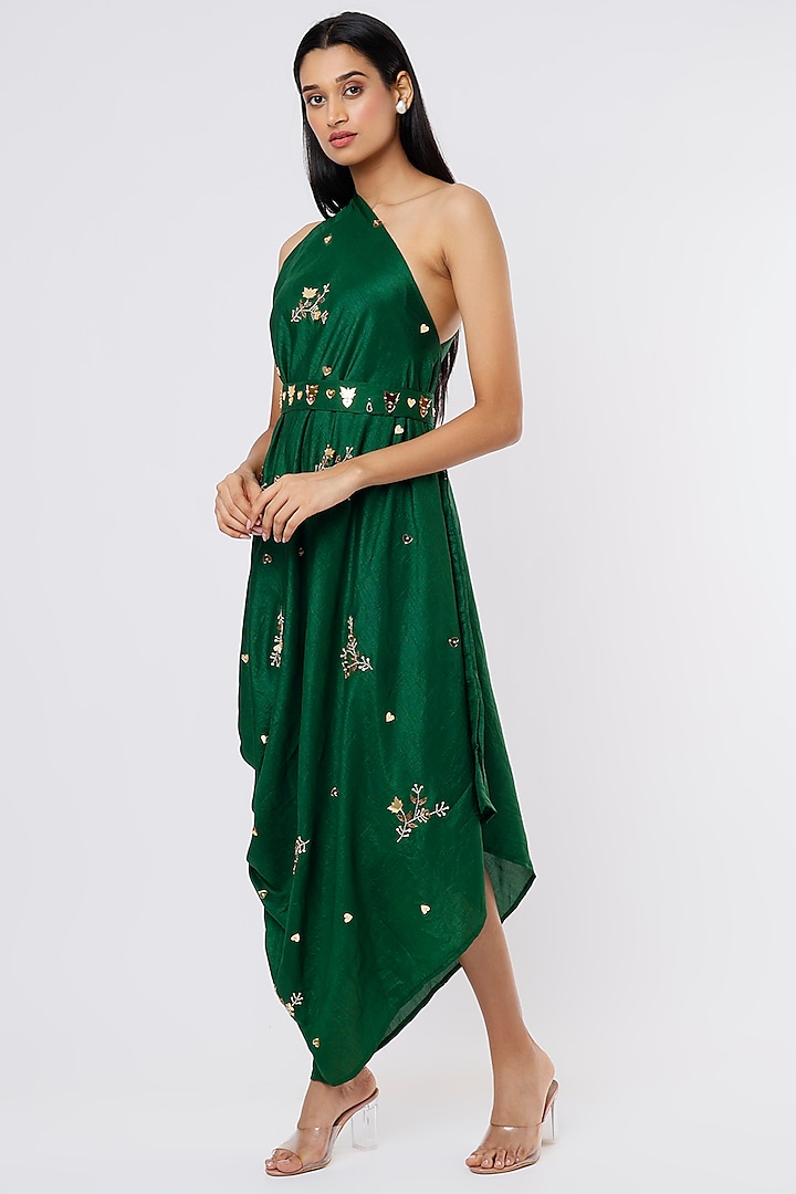 Dark Green Embroidered Drape Gown by Meghna Shah