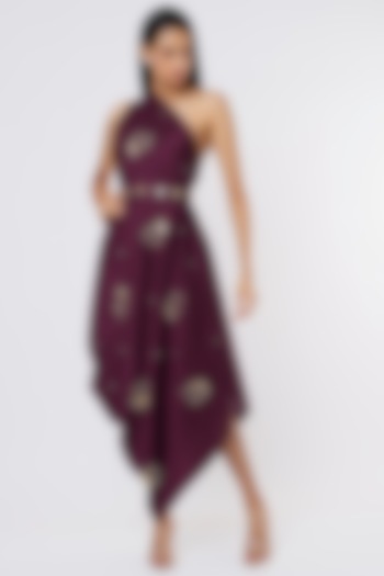 Wine Embroidered Drape Gown by Meghna Shah