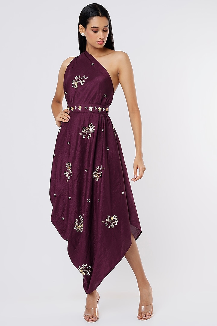 Wine Embroidered Drape Gown by Meghna Shah