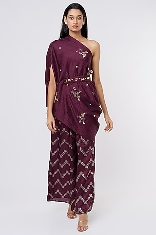 Wine Printed Pant Set by Meghna Shah