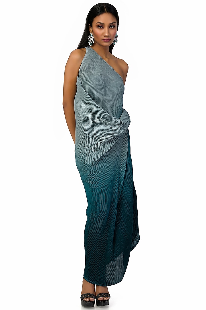 Grey & Dark Blue Chinon One-Shoulder Dress by Meghna Shah