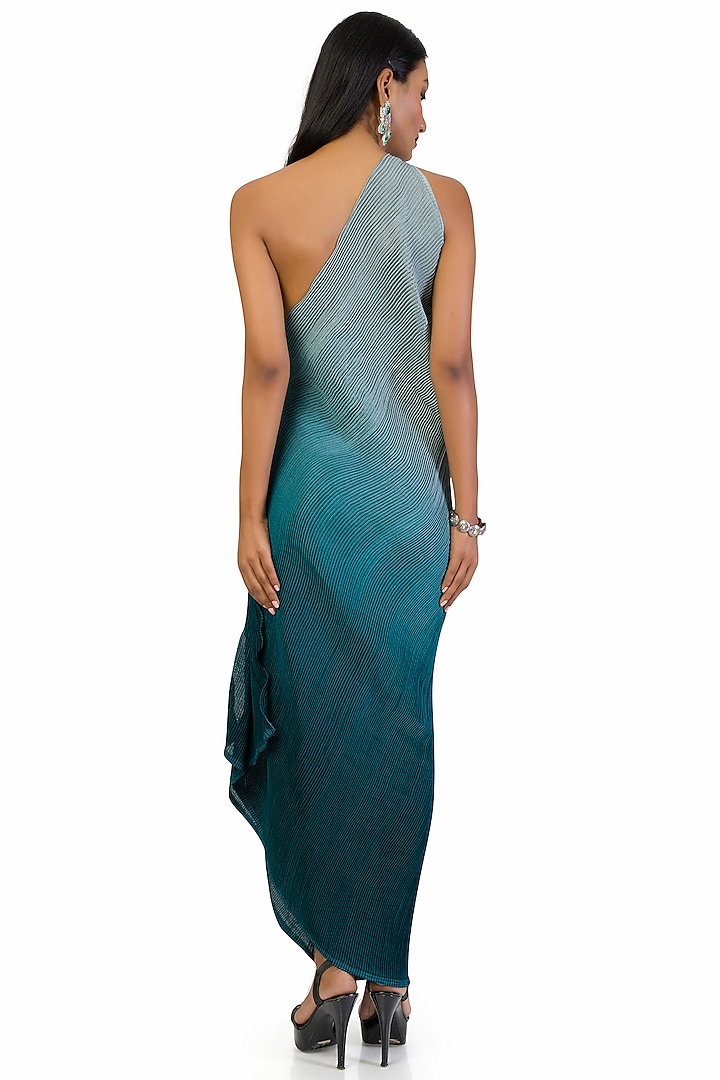 Grey & Dark Blue Chinon One-Shoulder Summer Dress by Meghna Shah at Pernia's Pop Up Shop
