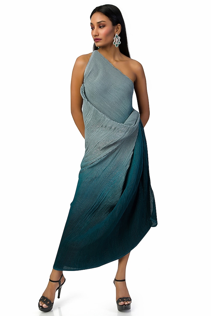 Grey & Dark Blue Chinon One-Shoulder Summer Dress by Meghna Shah at Pernia's Pop Up Shop