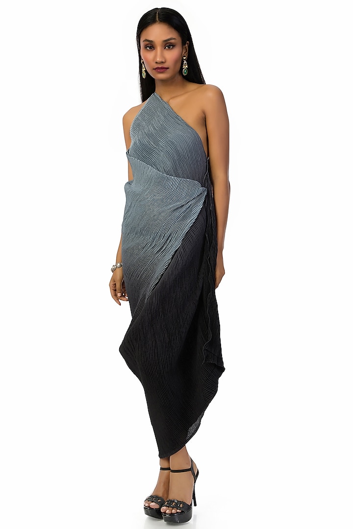 Grey & Black Chinon One-Shoulder Dress by Meghna Shah