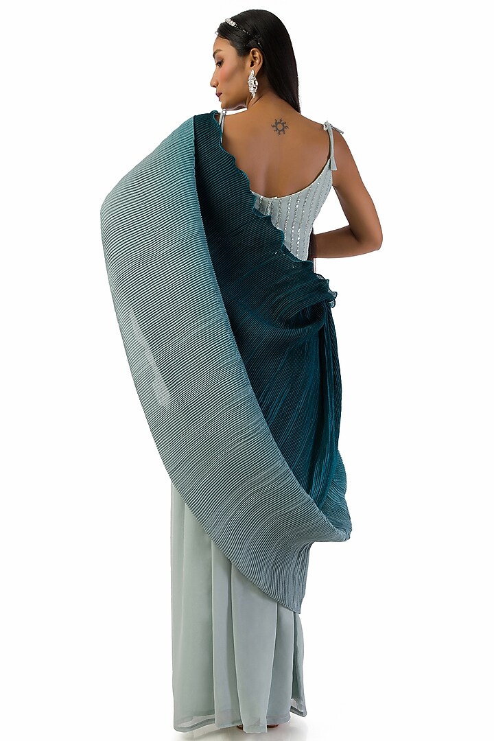 Grey Chinon Pant Party Wear Saree Set by Meghna Shah at Pernia's Pop Up Shop