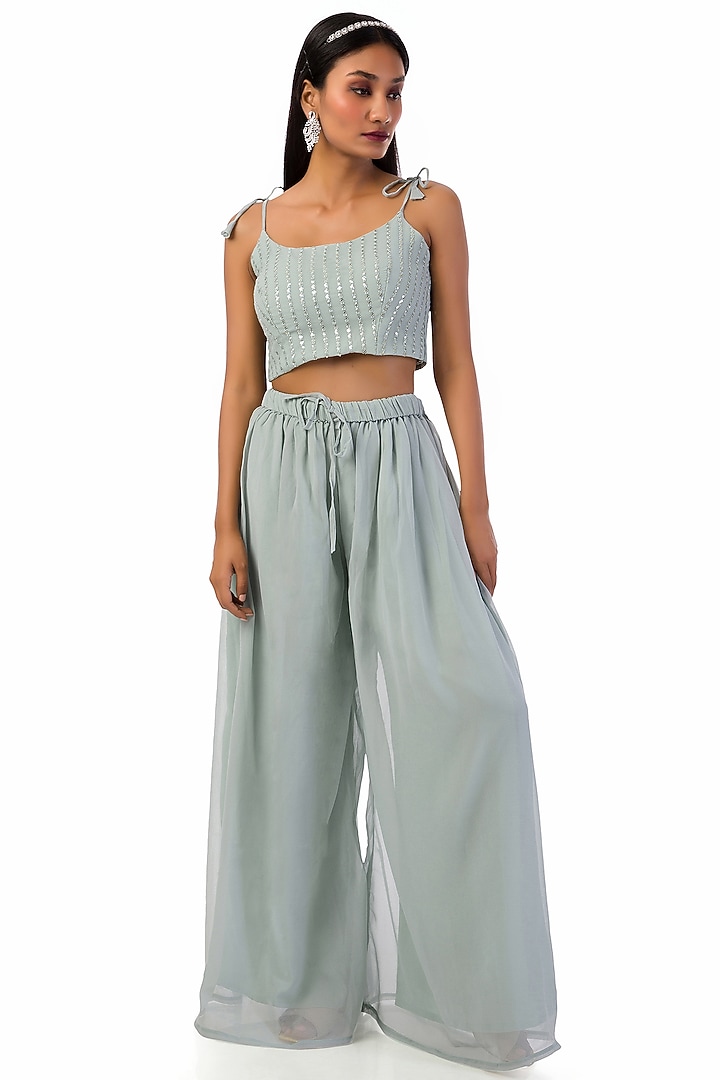 Grey Chinon Pant Party Wear Saree Set by Meghna Shah at Pernia's Pop Up Shop
