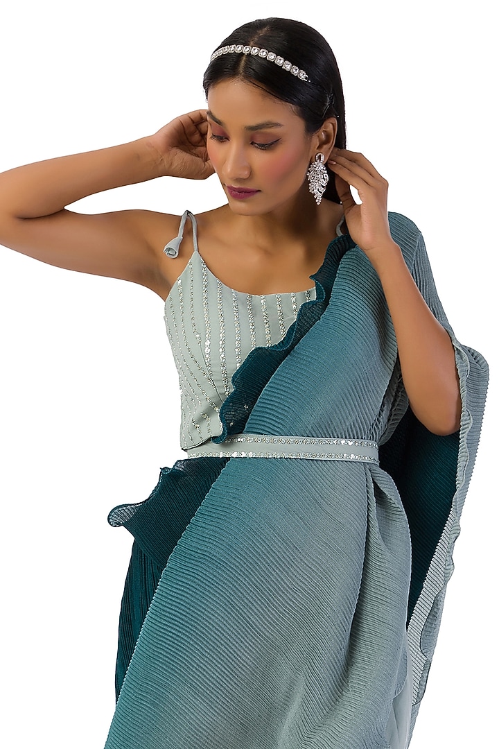Grey Chinon Pant Party Wear Saree Set by Meghna Shah at Pernia's Pop Up Shop