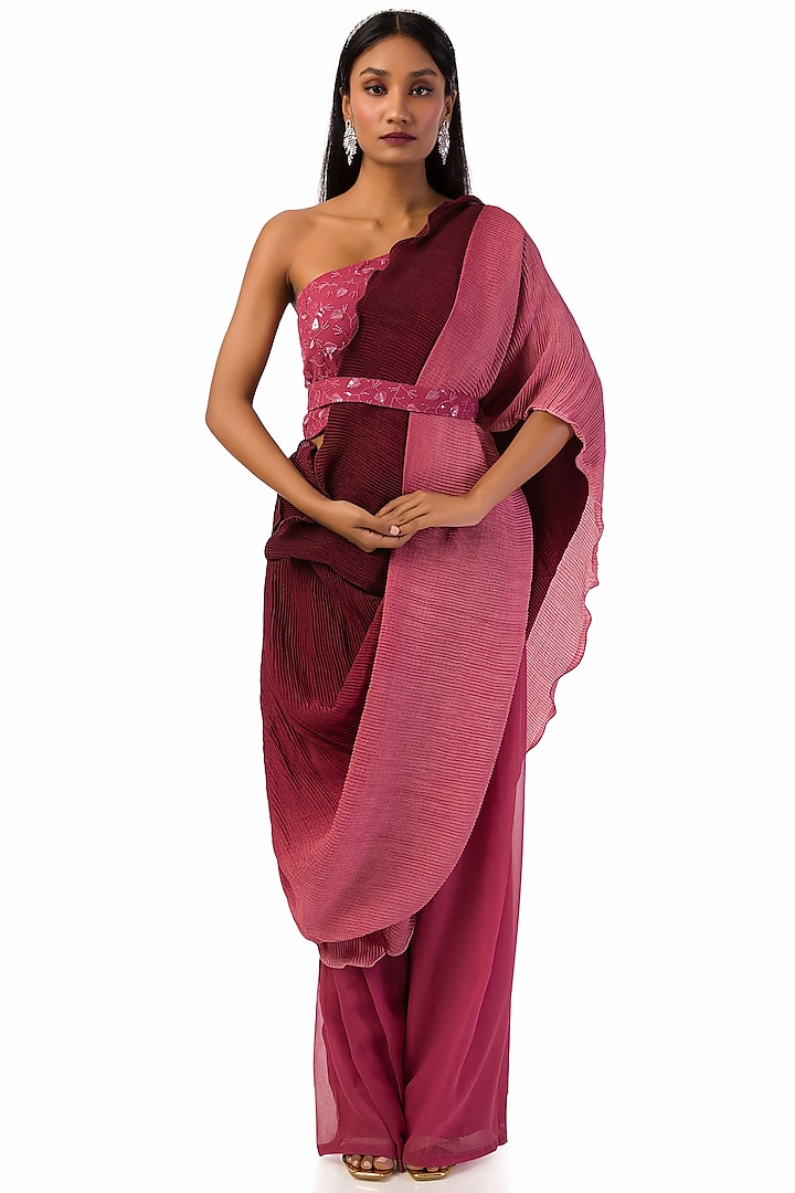 Wine & Pink Chinon Pant Saree Set by Meghna Shah