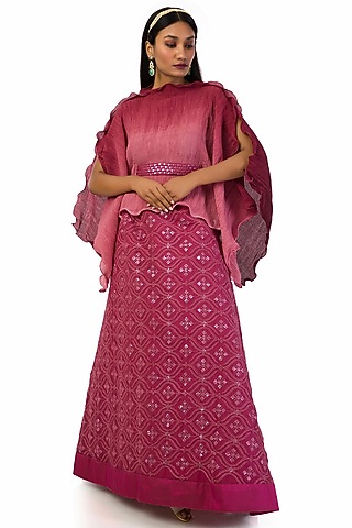 Wine Georgette Embroidered Lehenga Set by Meghna Shah