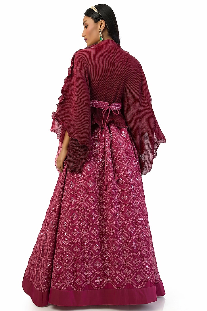 Wine Georgette Embroidered Lehenga Set by Meghna Shah at Pernia's Pop Up Shop