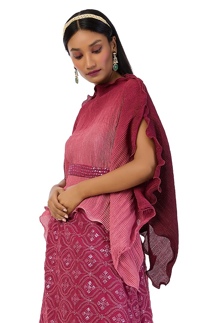 Wine Georgette Embroidered Lehenga Set by Meghna Shah at Pernia's Pop Up Shop