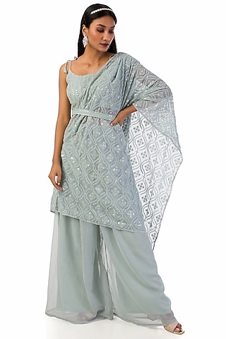 Grey Georgette Pant Set by Meghna Shah