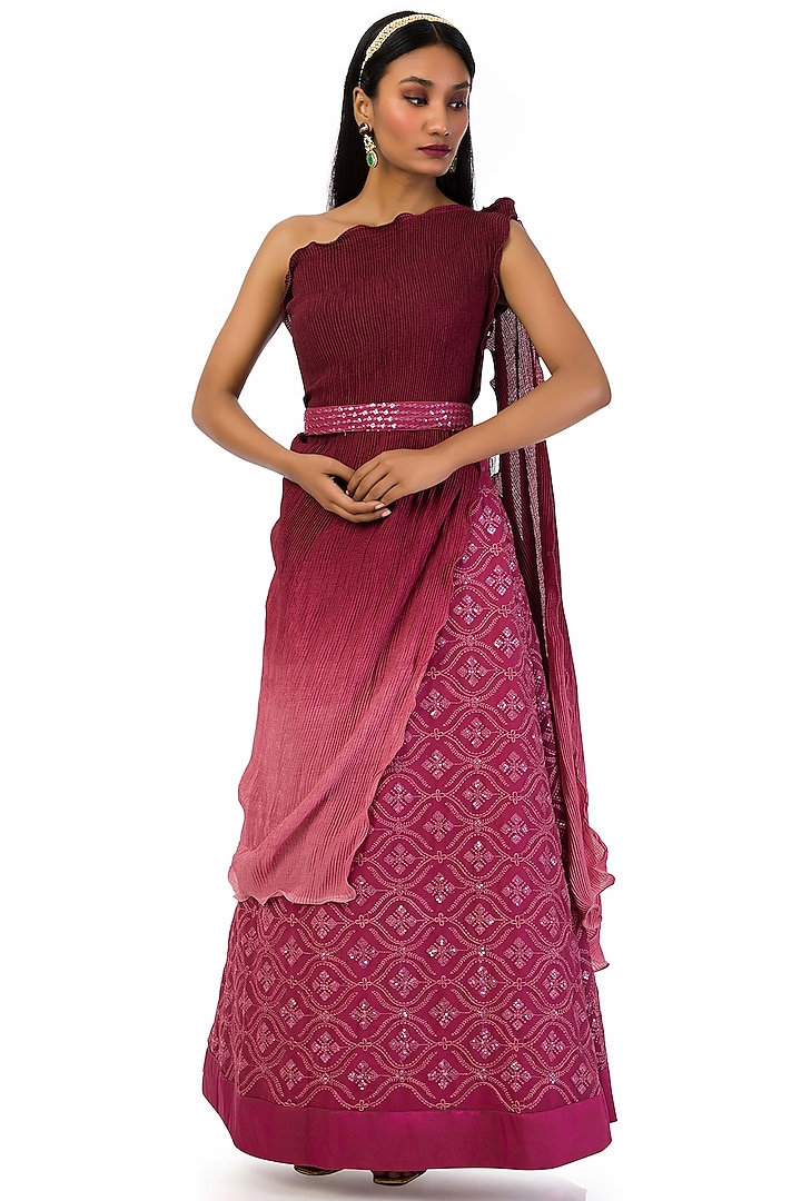 Wine & Pink Georgette Embroidered Lehenga Set by Meghna Shah