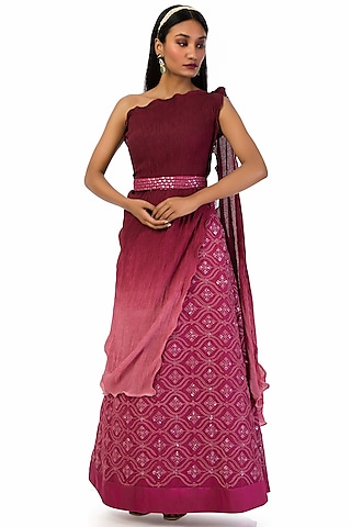 Wine & Pink Georgette Embroidered Lehenga Set by Meghna Shah