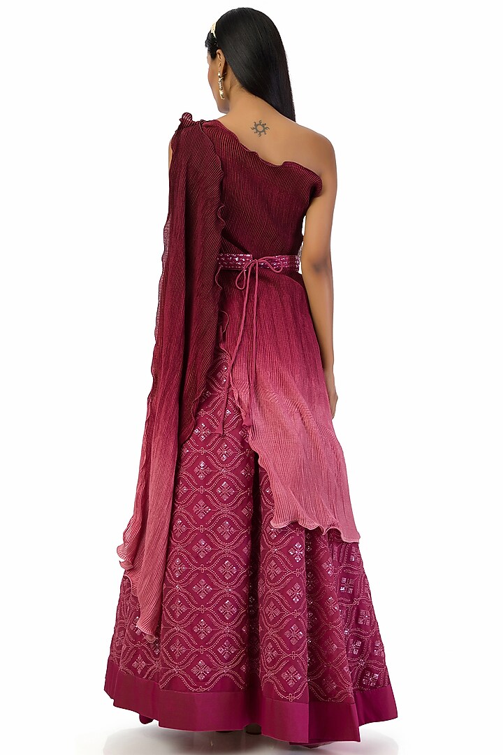 Wine & Pink Georgette Embroidered Lehenga Set by Meghna Shah at Pernia's Pop Up Shop