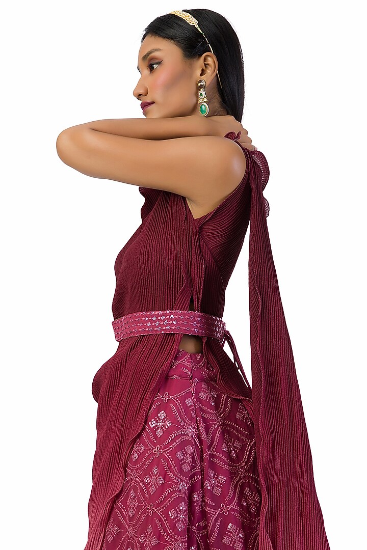 Wine & Pink Georgette Embroidered Lehenga Set by Meghna Shah at Pernia's Pop Up Shop