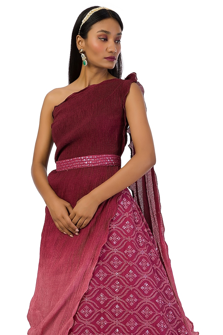 Wine & Pink Georgette Embroidered Lehenga Set by Meghna Shah at Pernia's Pop Up Shop