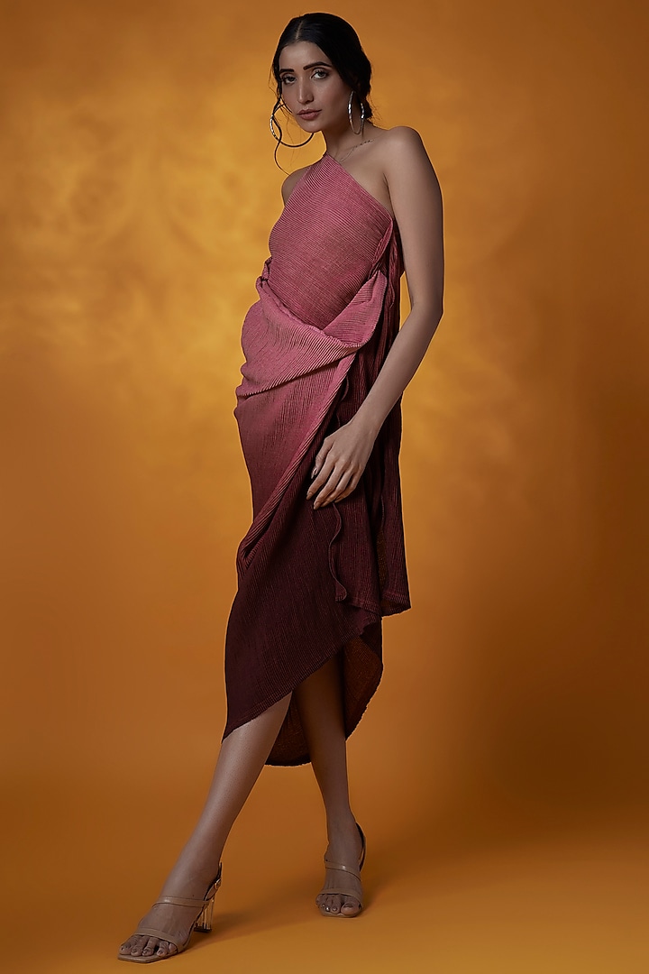 Pink & Wine Chinon Printed One-Shoulder Dress by Meghna Shah