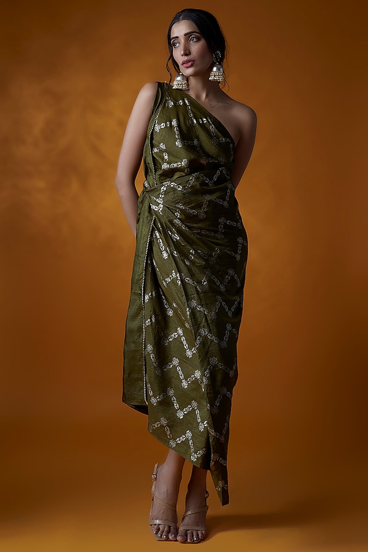 Mehendi Green Dola Silk Hand Block Printed One-Shoulder Dress by Meghna Shah