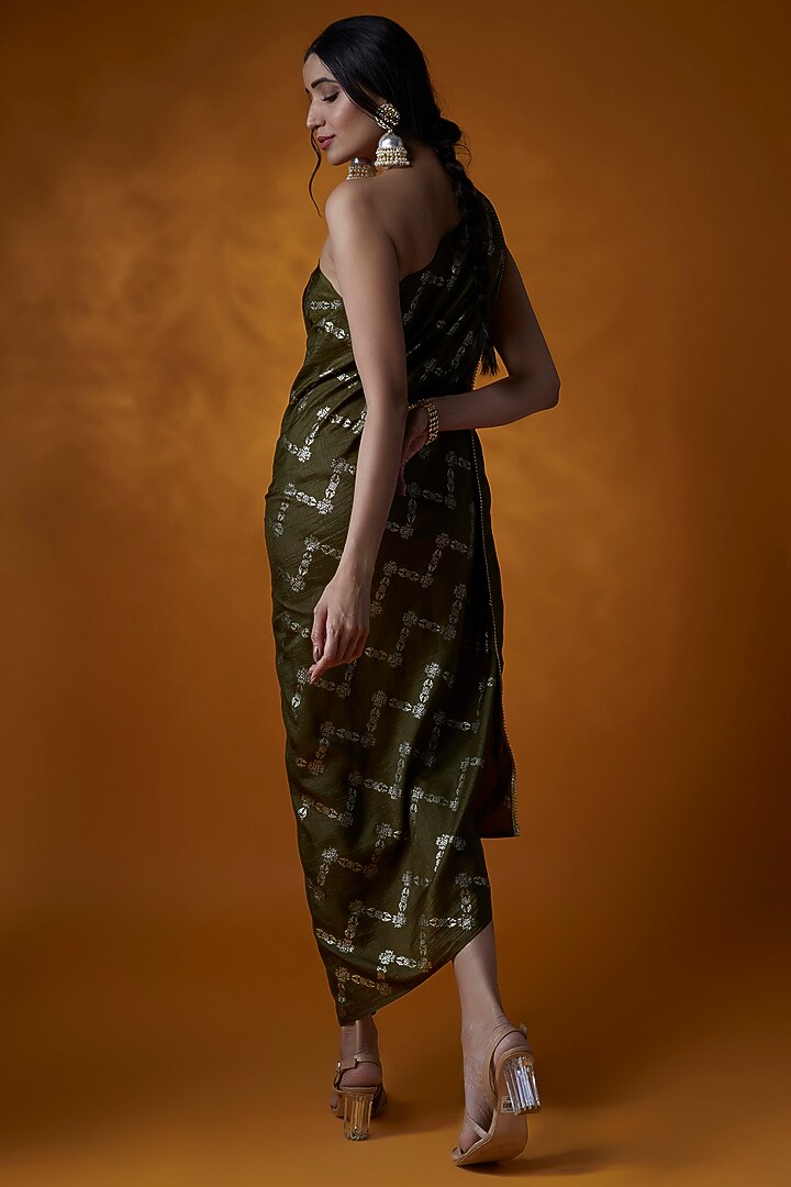 Mehendi Green Dola Silk Hand Block Printed One-Shoulder Summer Dress by Meghna Shah at Pernia's Pop Up Shop