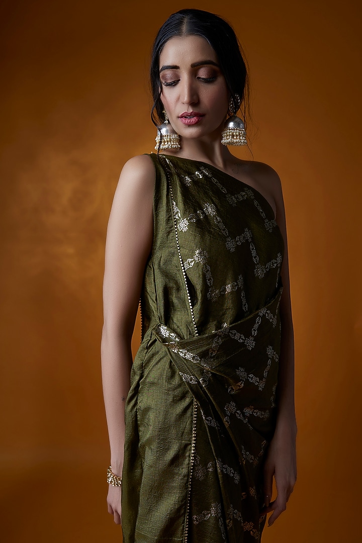 Mehendi Green Dola Silk Hand Block Printed One-Shoulder Summer Dress by Meghna Shah at Pernia's Pop Up Shop