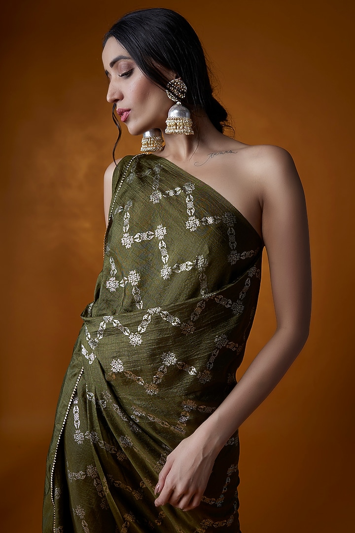 Mehendi Green Dola Silk Hand Block Printed One-Shoulder Summer Dress by Meghna Shah at Pernia's Pop Up Shop