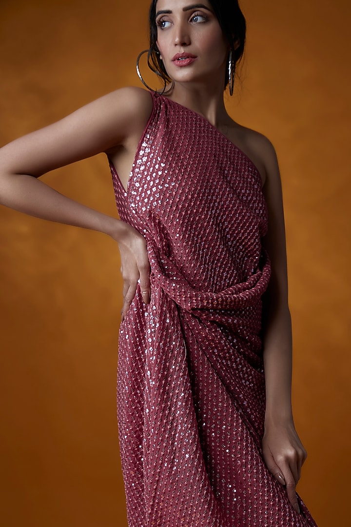 Pink Georgette Embroidered One-Shoulder Summer Dress by Meghna Shah at Pernia's Pop Up Shop