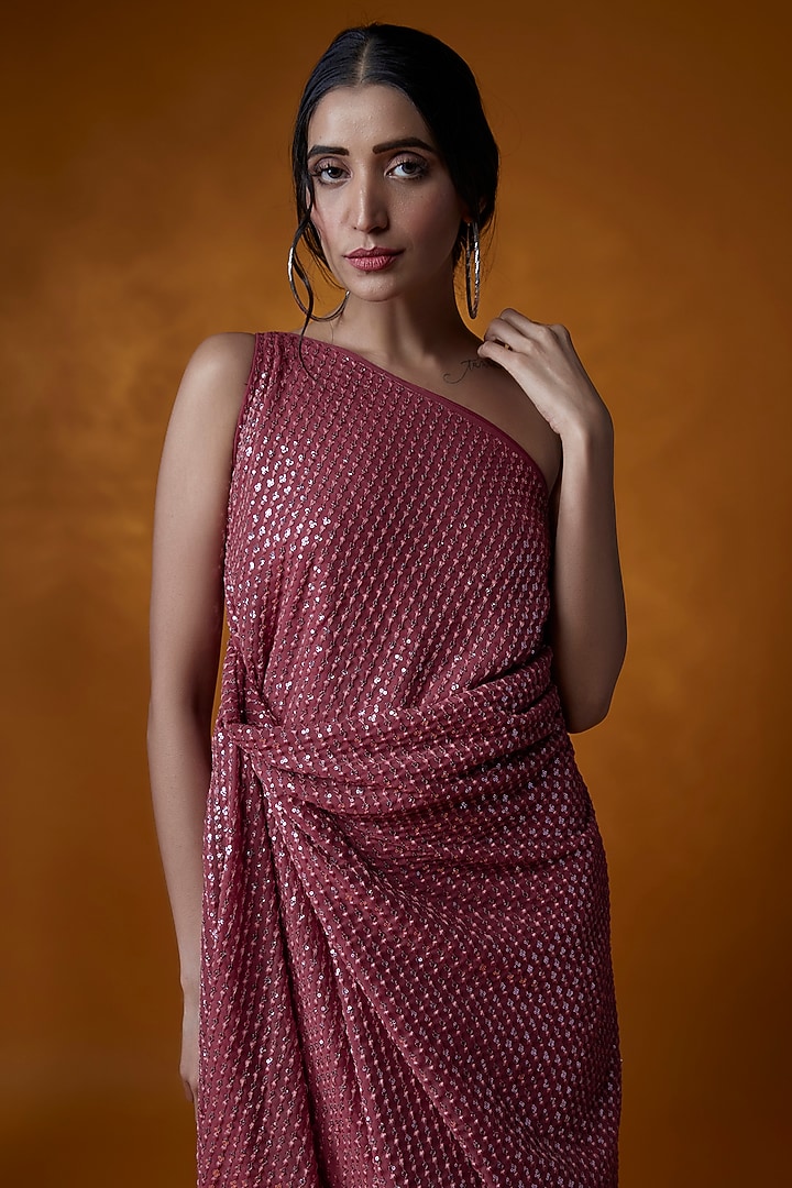 Pink Georgette Embroidered One-Shoulder Summer Dress by Meghna Shah at Pernia's Pop Up Shop