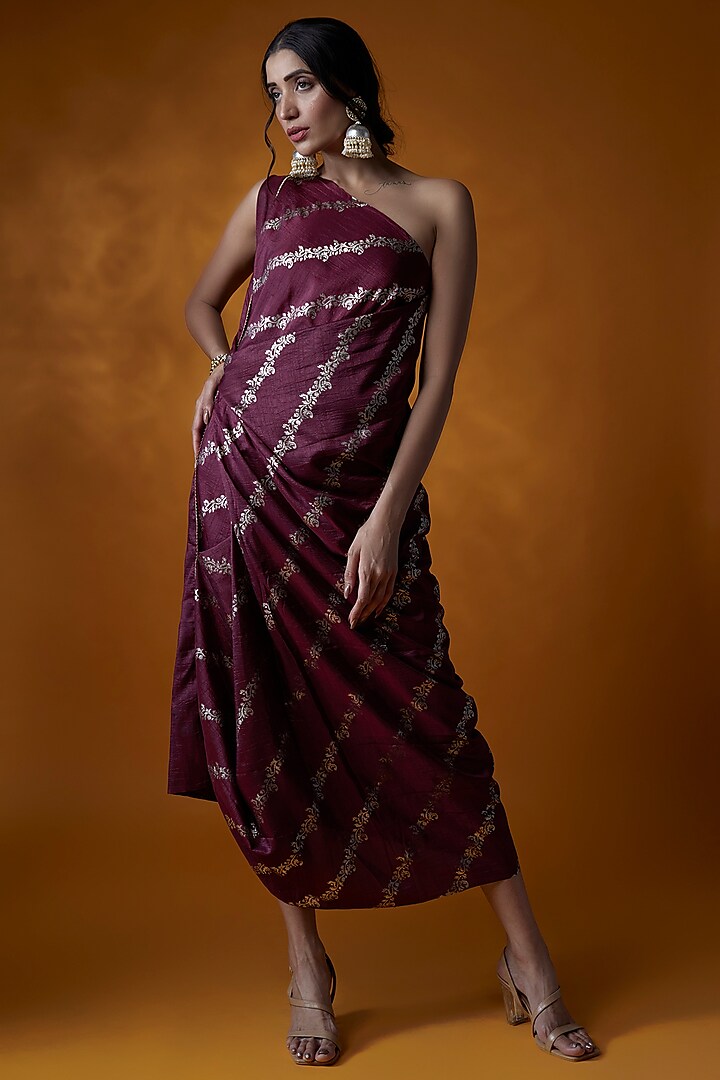 Wine Dola Silk Hand Block Printed One-Shoulder Dress by Meghna Shah