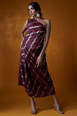 Wine Dola Silk Hand Block Printed One-Shoulder Dress by Meghna Shah