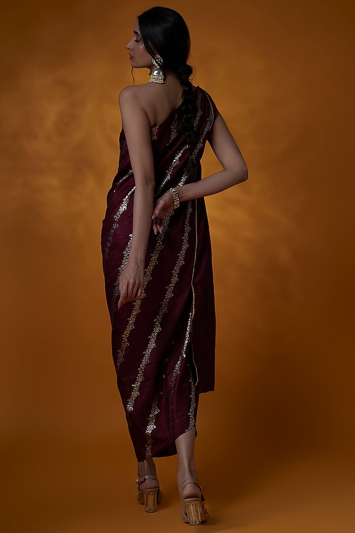Wine Dola Silk Hand Block Printed One-Shoulder Summer Dress by Meghna Shah at Pernia's Pop Up Shop