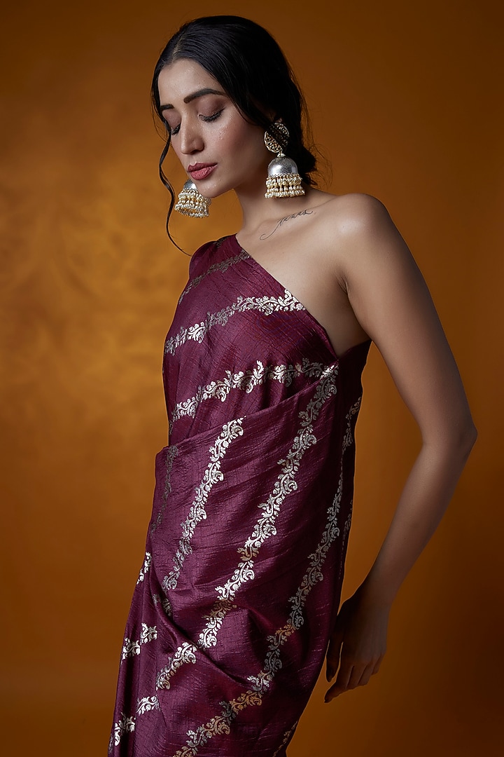Wine Dola Silk Hand Block Printed One-Shoulder Summer Dress by Meghna Shah at Pernia's Pop Up Shop