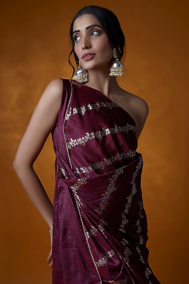 Wine Dola Silk Hand Block Printed One-Shoulder Summer Dress by Meghna Shah at Pernia's Pop Up Shop