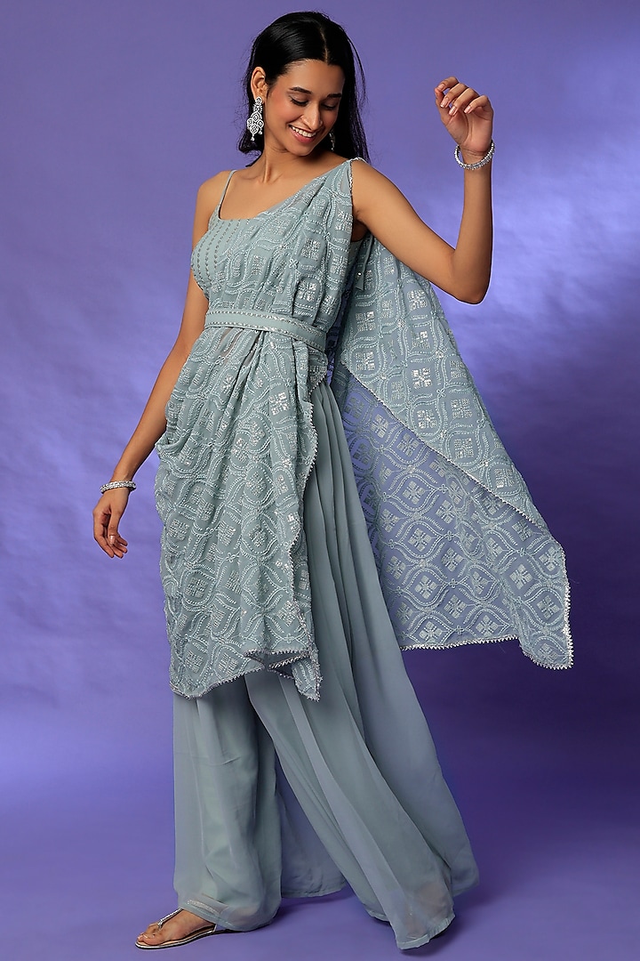 Light Grey Co-Ord Set With Dupatta Drape & Matching Belt  by Meghna Shah at Pernia's Pop Up Shop