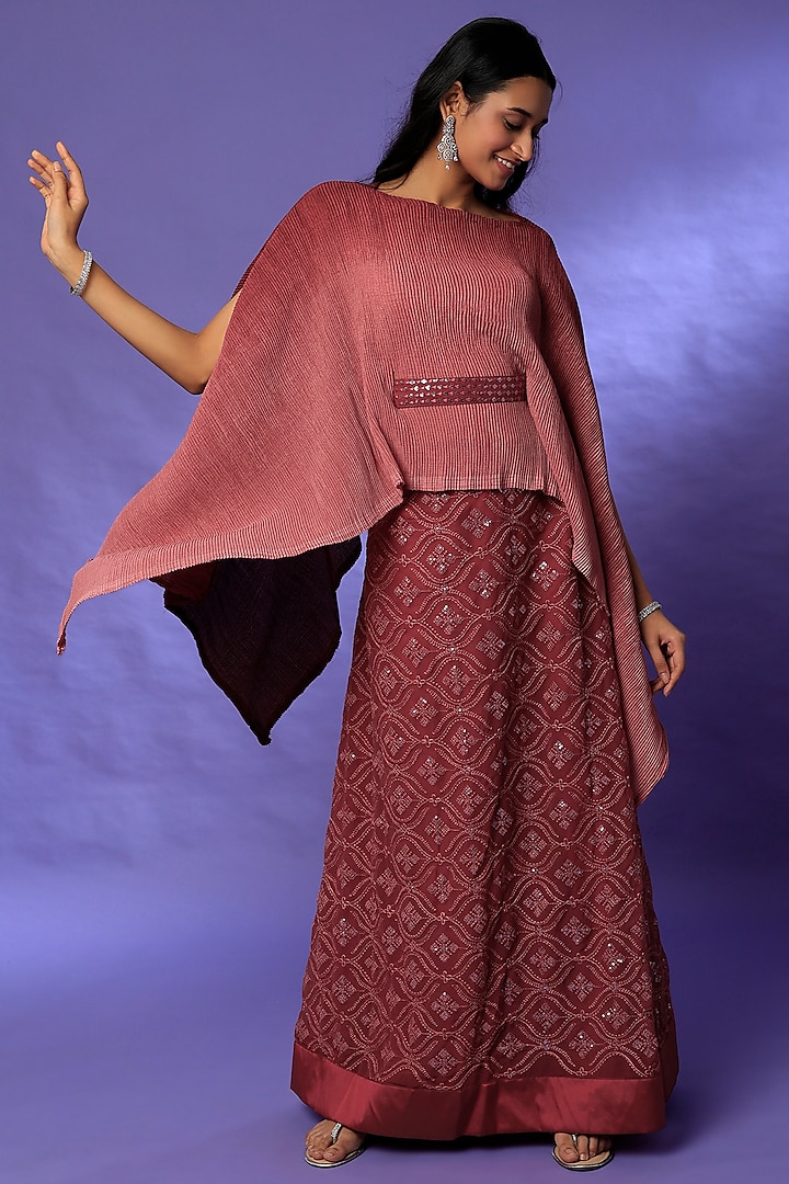 Pink To Wine Boatneck Top With Lehenga & Matching Belt by Meghna Shah