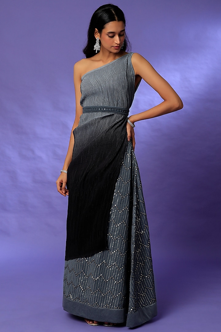 Light to Dark Grey One Shoulder Top With Lehenga & Matching Belt by Meghna Shah