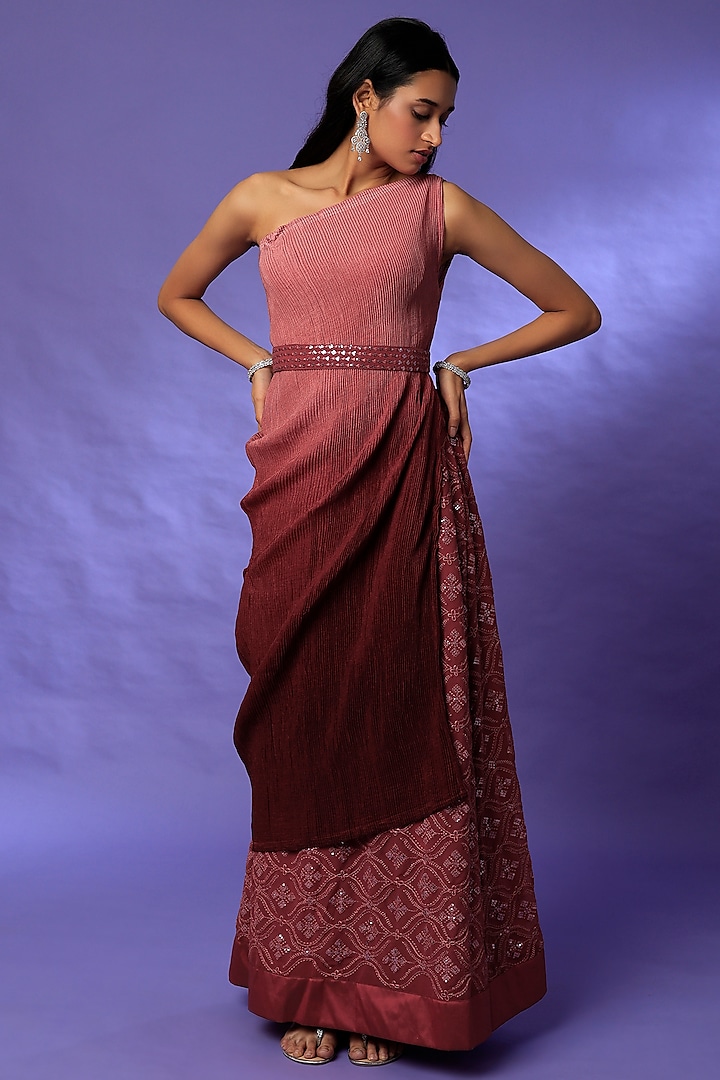 Pink To Wine One Shoulder Top With Lehenga & Matching Belt by Meghna Shah