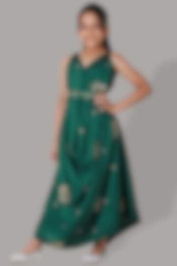 Bottle Green Dola Silk Gown For Girls by Meghna Shah - Kids