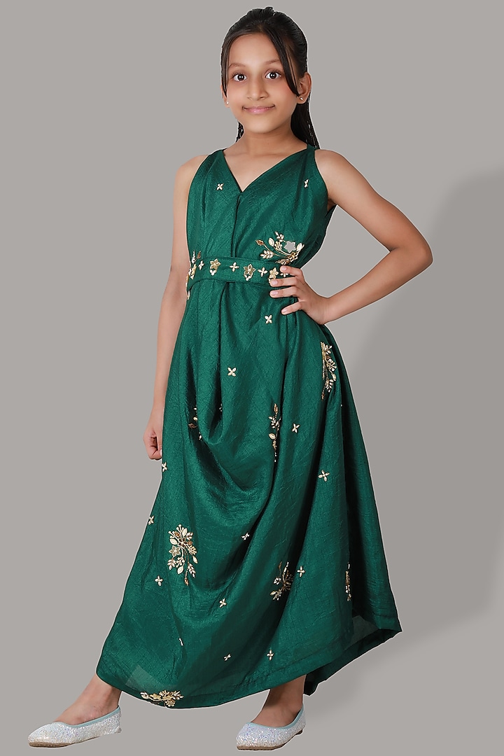 Bottle Green Dola Silk Gown For Girls by Meghna Shah - Kids