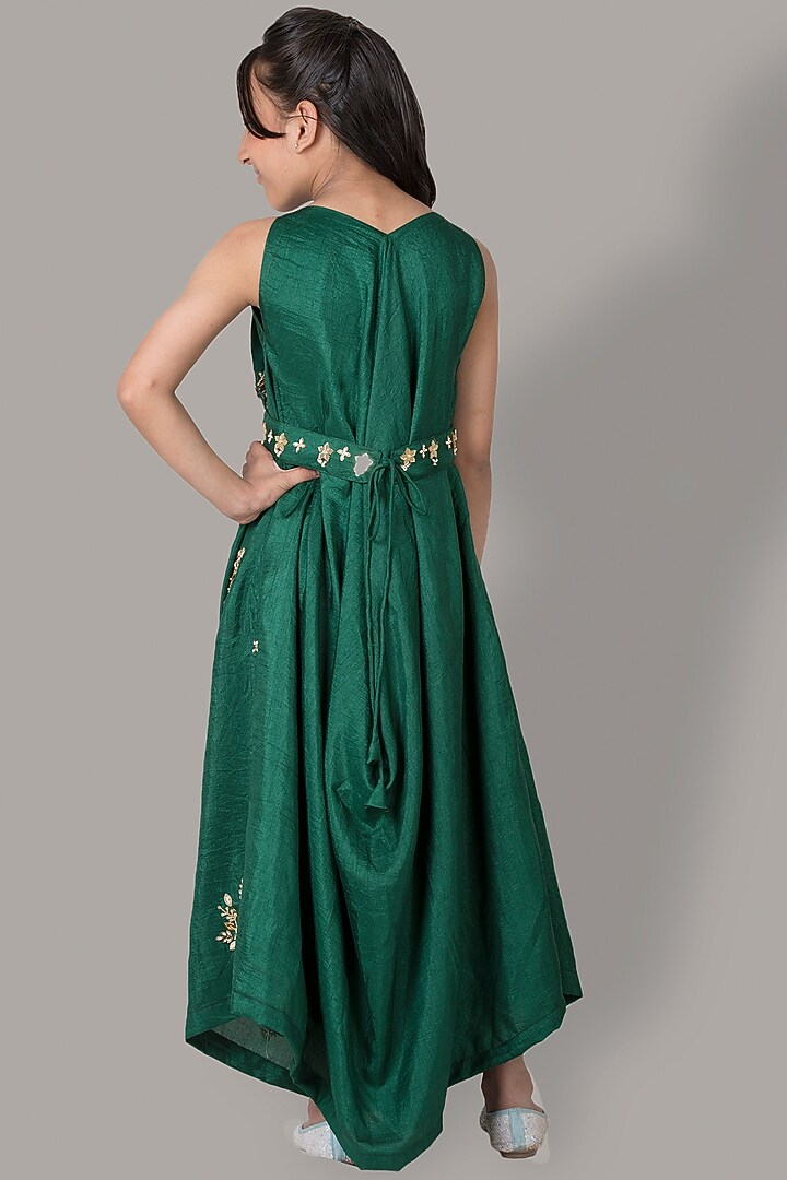 Bottle Green Dola Silk Gown For Girls by Meghna Shah - Kids at Pernia's Pop Up Shop