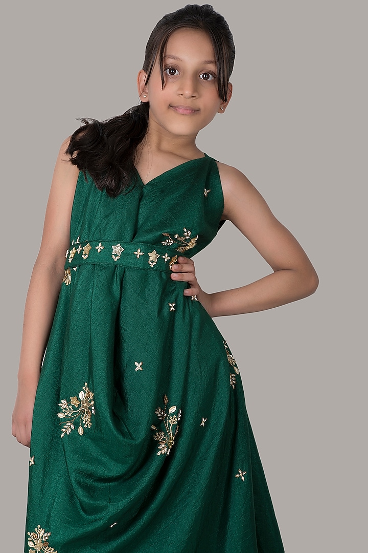 Bottle Green Dola Silk Gown For Girls by Meghna Shah - Kids at Pernia's Pop Up Shop