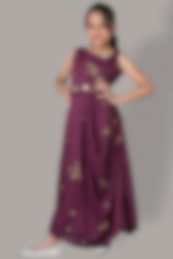 Wine Hand Embroidered Gown For Girls by Meghna Shah - Kids