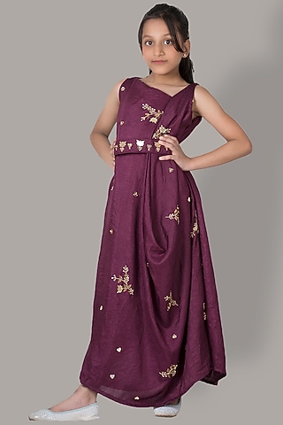 Wine Hand Embroidered Gown For Girls by Meghna Shah - Kids