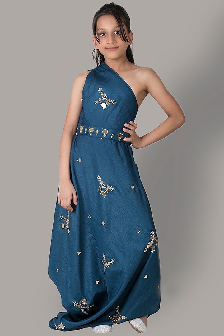 Dark Blue Hand Embroidered Gown With Belt For Girls by Meghna Shah - Kids