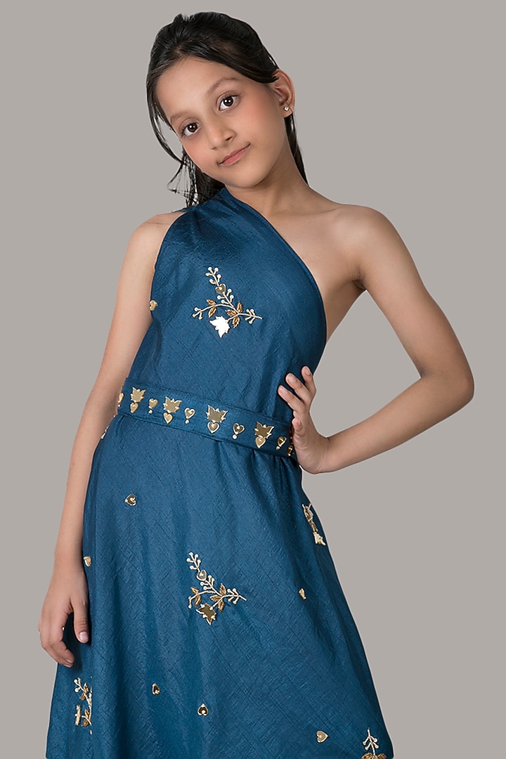 Dark Blue Hand Embroidered Gown With Belt For Girls by Meghna Shah - Kids at Pernia's Pop Up Shop