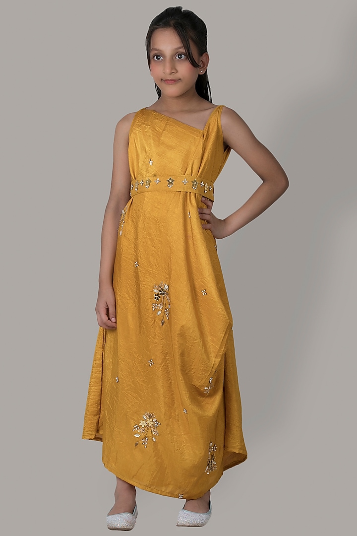 Mustard Hand Embroidered Gown With Belt For Girls by Meghna Shah - Kids