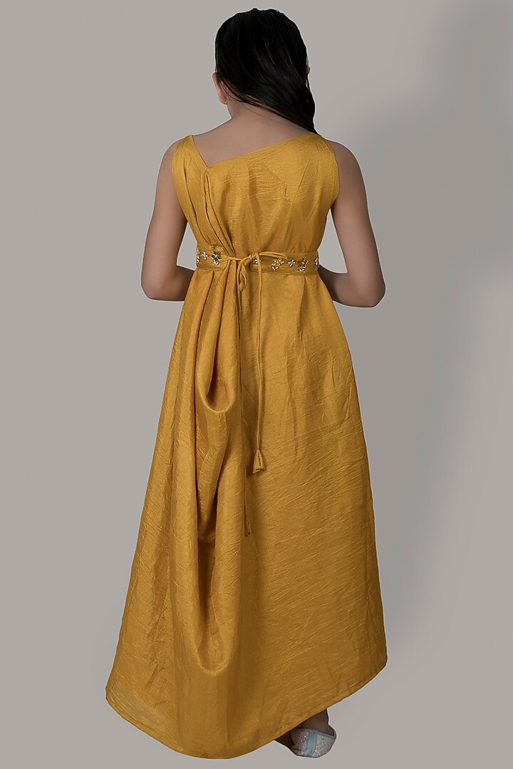 Mustard Hand Embroidered Gown With Belt For Girls by Meghna Shah - Kids at Pernia's Pop Up Shop