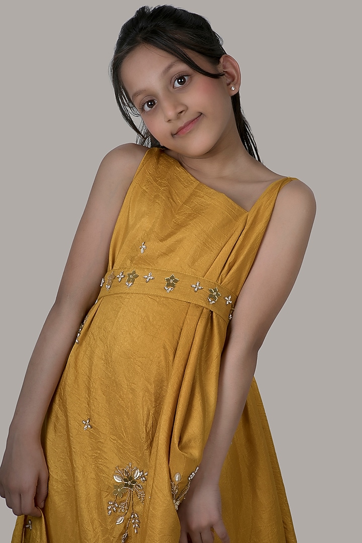 Mustard Hand Embroidered Gown With Belt For Girls by Meghna Shah - Kids at Pernia's Pop Up Shop