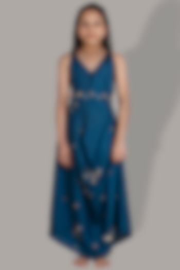 Blue Hand Embroidered Gown With Belt For Girls by Meghna Shah - Kids